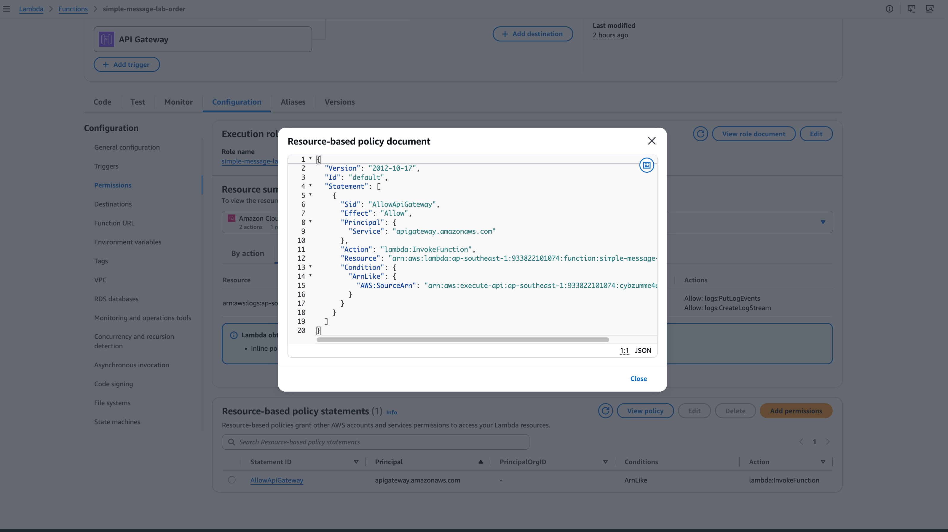 Lambda resource-based policy allowing API Gateway invoke